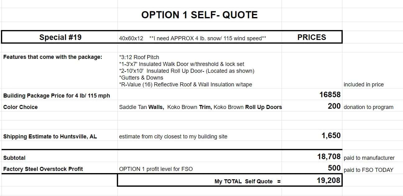 Self Quote Option 1 Steel Buildings Package at Factory